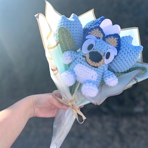 Handmade Customizable Cartoon Australian Puppy Dog Crochet Tulip Flower Bouquet with Plushie toy and note