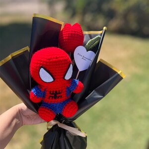 Handmade Customizable Spider Super Hero Comic Book Crochet Single Flower with Plushie toy and note image 2