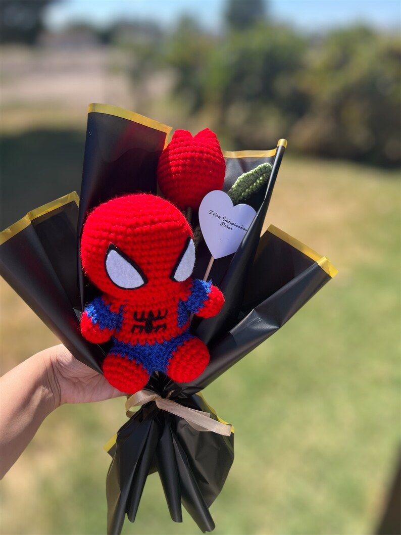 Handmade Customizable Spider Super Hero Comic Book Crochet Single Flower with Plushie toy and note image 2