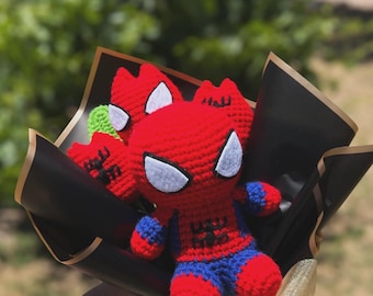Handmade Customizable Spider Super Hero Comic Book Crochet or Silk Rose Flower Bouquet with Plushie toy and note