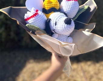 Handmade Customizable Retro Comic Puppy Dog Crochet Tulip Flower Bouquet with Plushie toy and note