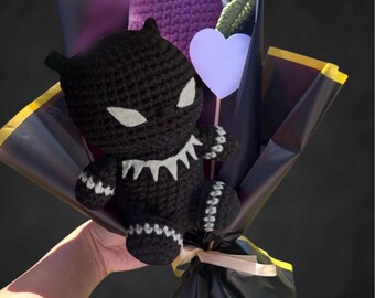 Handmade Customizable Panther Super Hero Black Comic Book Crochet Single Flower with Plushie toy and note