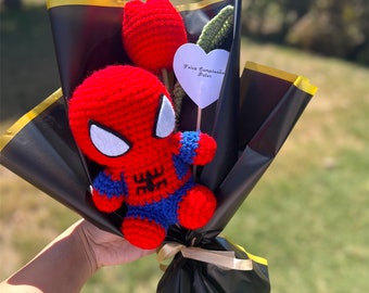 Handmade Customizable Spider Super Hero Comic Book Crochet Single Flower with Plushie toy and note