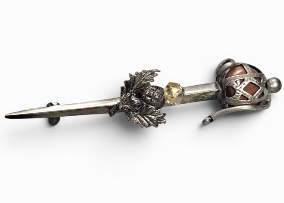 Antique 1860s Scottish Sterling Silver Broad Sword Kilt Pin Citrine Jasper Pebble Brooch View 2