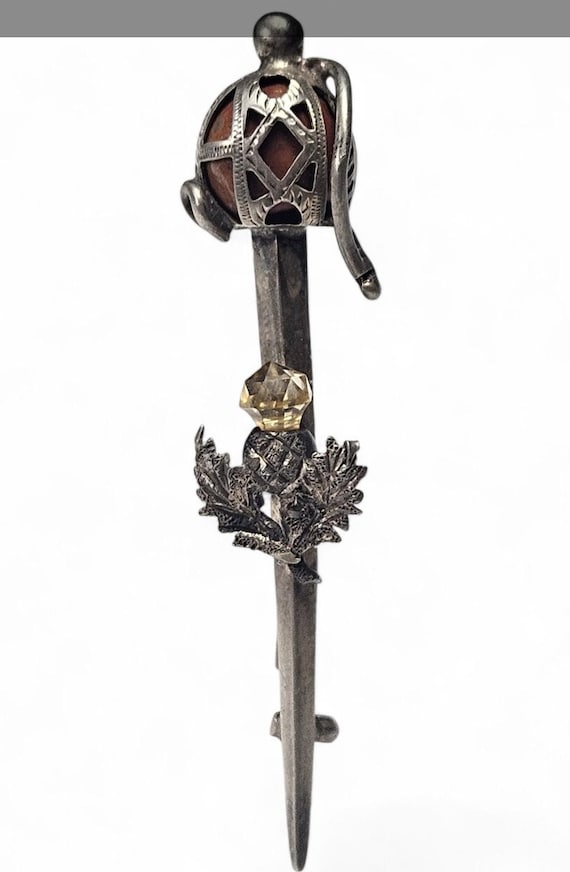 Antique 1860s Scottish Sterling Silver Broad Sword Kilt Pin Citrine Jasper Pebble Brooch