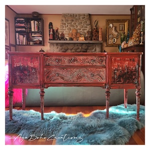 Painted Buffet - Buffet and Sideboards - Buffet Cabinet - Buffet Table - Red Furniture - Hand Painted - Bohemian Decor