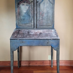 Witchy Secretary Desk -  Boho Desk - Bohemian Secretary Desk - Funky Boho Desk - Eclectic - Blue - Gray - Red - Witch