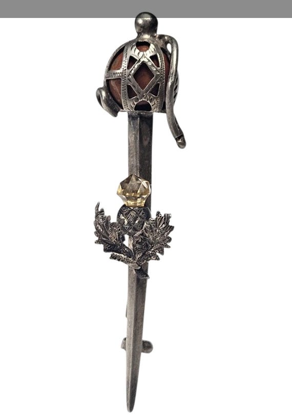 Antique 1860s Scottish Sterling Silver Broad Sword Kilt Pin Citrine Jasper Pebble Brooch View 5