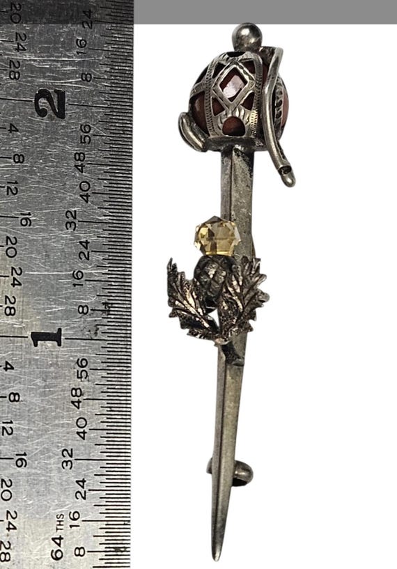 Antique 1860s Scottish Sterling Silver Broad Sword Kilt Pin Citrine Jasper Pebble Brooch View 6