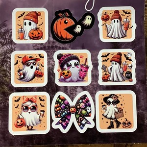 Cute Retro Ghost Sheet of 9 Stickers with PacMan Pumpkin and Coquette Bow