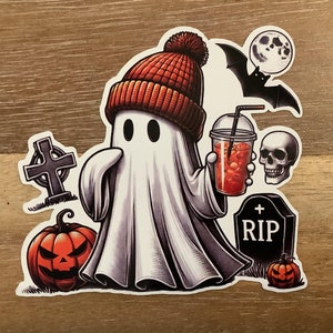 Cute Retro Ghost 3” Sticker, Ghost with Beanie Sticker, Ghost with Drink Sticker, Ships Quick From Illinois