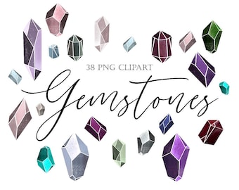 Puede incluir: Una colección de 38 imágenes de clipart digital de gemas de colores en varias formas y tamaños. El texto "38 PNG CLIPART Gemstones" se muestra en el centro de la imagen.