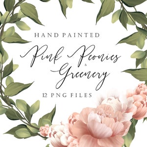Peony Greenery Wreath Clipart, Floral Peony Wreath Clipart, Wreath Logo Design, Floral Clipart Wreath, Handpainted Flowers Clipart, Peonies