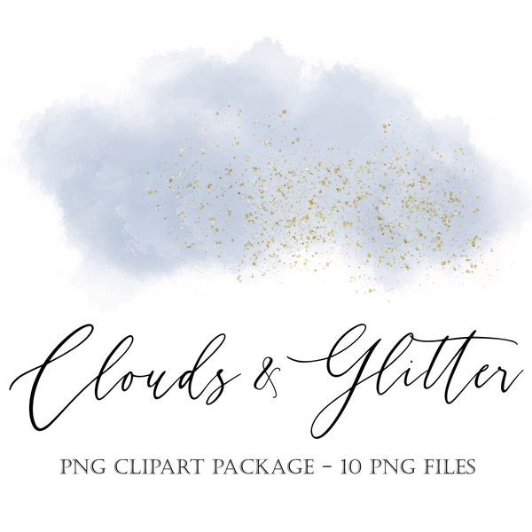 Watercolor Glitter Clouds Clipart, Blue Watercolor Cloud Clip Art, Watercolor Design Elements, Weather Clipart, Baby Shower Clipart, PNG