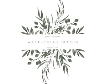 May include: Hand painted watercolor frames with green foliage. 10 PNG files.