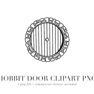 May include: Black and white line art illustration of a round hobbit door with a stone frame. The door has a round knob and vertical wooden planks.