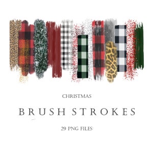 May include: A set of 29 digital brush stroke graphics in various Christmas patterns, including red and black buffalo check, green and white check, leopard print, and glitter. The graphics are perfect for adding a festive touch to your digital designs.