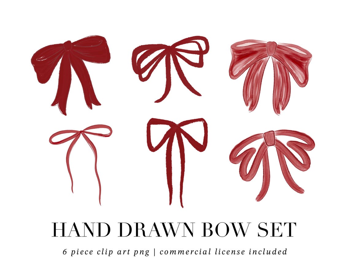 Hand Drawn Red Bow Clipart, Red Bow Clipart PNG Set, Vintage Bow ...