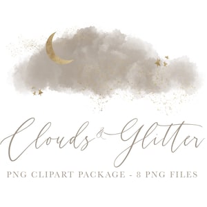 Aquarel glitter wolken clipart, beige aquarel wolk illustraties, aquarel ontwerpelementen, weer clipart, baby shower clipart, PNG