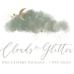 Watercolor Glitter Clouds Clipart, Green Watercolor Cloud Clip Art, Watercolor Design Elements, Weather Clipart, Baby Shower Clipart, PNG