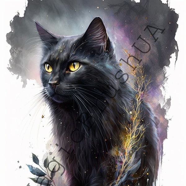 Black Cat 24 Portraits set, Black Cat Clipart, Commercial Digital download, Black Cat Stickers, Watercolor portrait, Fantasy Black Cat Art
