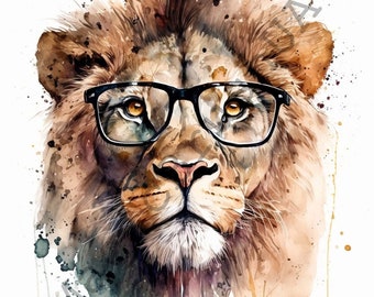 Lion In Glasses 13 Portraits set, Lion In Glasses Clipart, Commercial Use, Digital download, Watercolor Lion In Glasses portrait