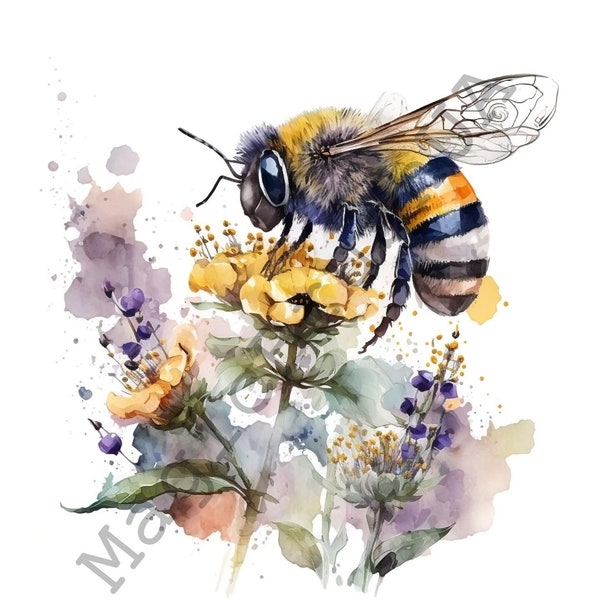 Bee On Flower 17 Portraits set, Bee Clipart, Commercial Use, Bee On Flower Bundle, Digital download, SVG stickers, Watercolor portrait