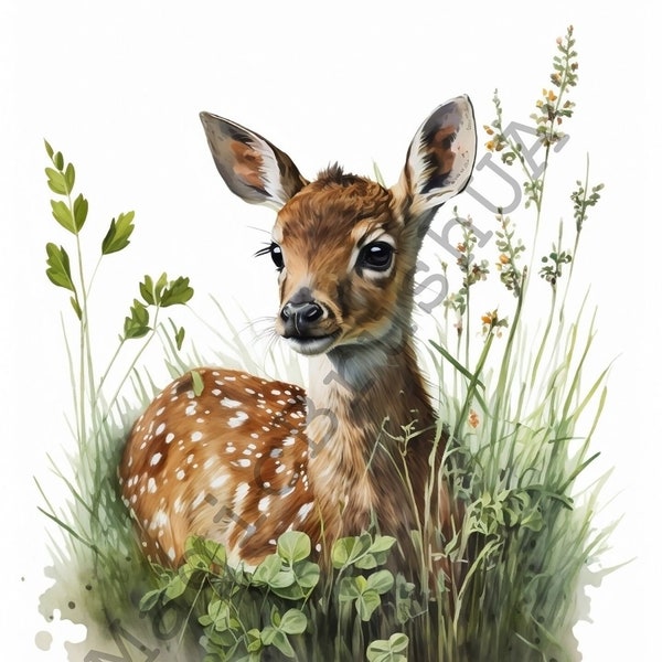 Fawn In Grass 10 Portraits set, Fawn Clipart, Commercial Use, Digital download, Stickers, Watercolor portrait, Fawn In forest, Watercolor