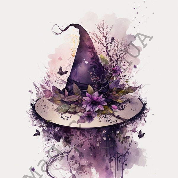 Witch Hat 17 Portraits set, Witch Hat Clipart, Commercial Digital download, Witch Hat Stickers, Watercolor portrait, Witch Hat Art