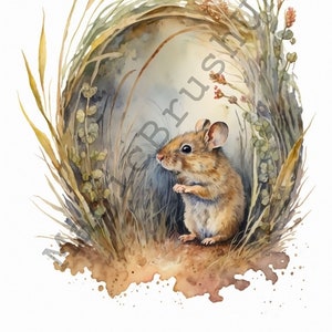 Mouse In Grass 12 Portraits set, Mouse Clipart, Commercial Use, Digital download, Stickers, Watercolor portrait, Moose Art