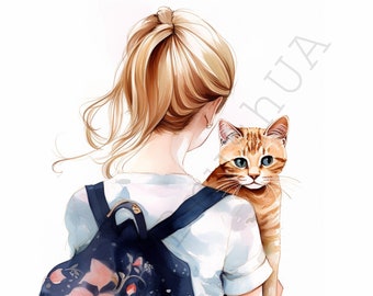 Girl with Cat 10 Portraits set, Girl with Cat Clipart, Commercial Use, Digital download, Watercolor Girl with Cat Portrait