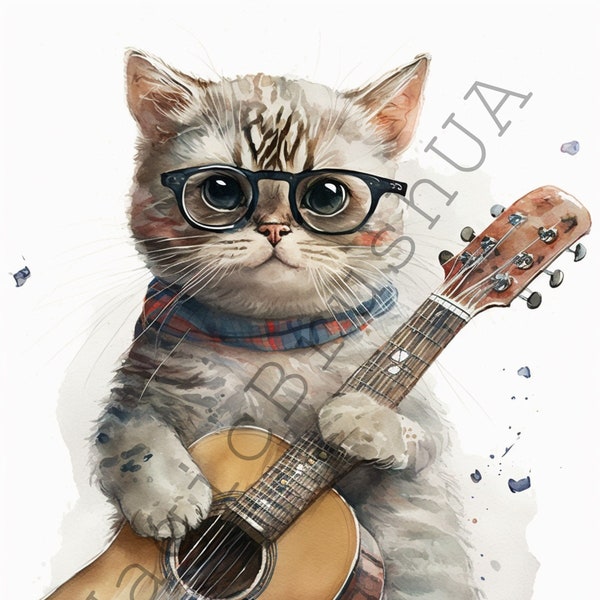 Cat Playing Guitar 11 Portraits set, Cat In Glasses Clipart, Commercial Use, Digital download, Watercolor Cat Playing Guitar, Funny Art