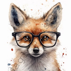 Fox In Glasses 12 Portraits set, Fox In Glasses Clipart, Commercial Use, Digital download, Aquarelle Fox In Glasses, Funny Cute Fox