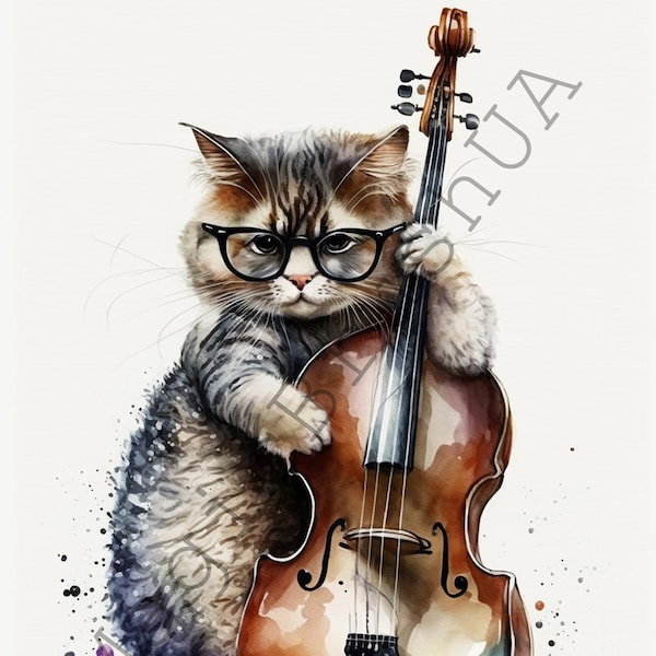 Cat Playing Double bass 15 Portraits set, Cat In Glasses Clipart, Commercial Use, Digital download, Watercolor Cat Playing Double Bass Art