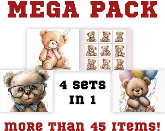 Cute Teddy Bear ClipArt, 10+ Digital Download, Bear Nursery Artwork, Teddy portrait,  Craft, Children clipart