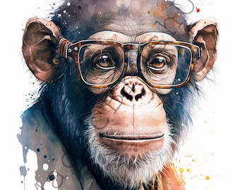 Chimpanzee In Glasses 15 Portraits set, Chimpanzee In Glasses Clipart, Commercial Use, Digital download, Watercolor Chimpanzee In Glasses