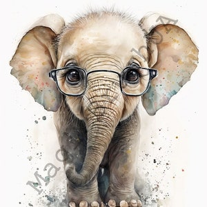 Elephant In Glasses 13 Portraits set, Elephant In Glasses Clipart, Commercial Use, Digital download, Watercolor Elephant In Glasses portrait