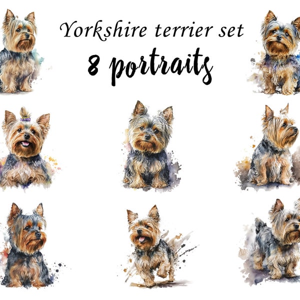 Ensemble de portraits de Yorkshire Terrier, Yorkshire Terrier Clipart, utilisation commerciale, téléchargement numérique, autocollants SVG, portrait à l'aquarelle