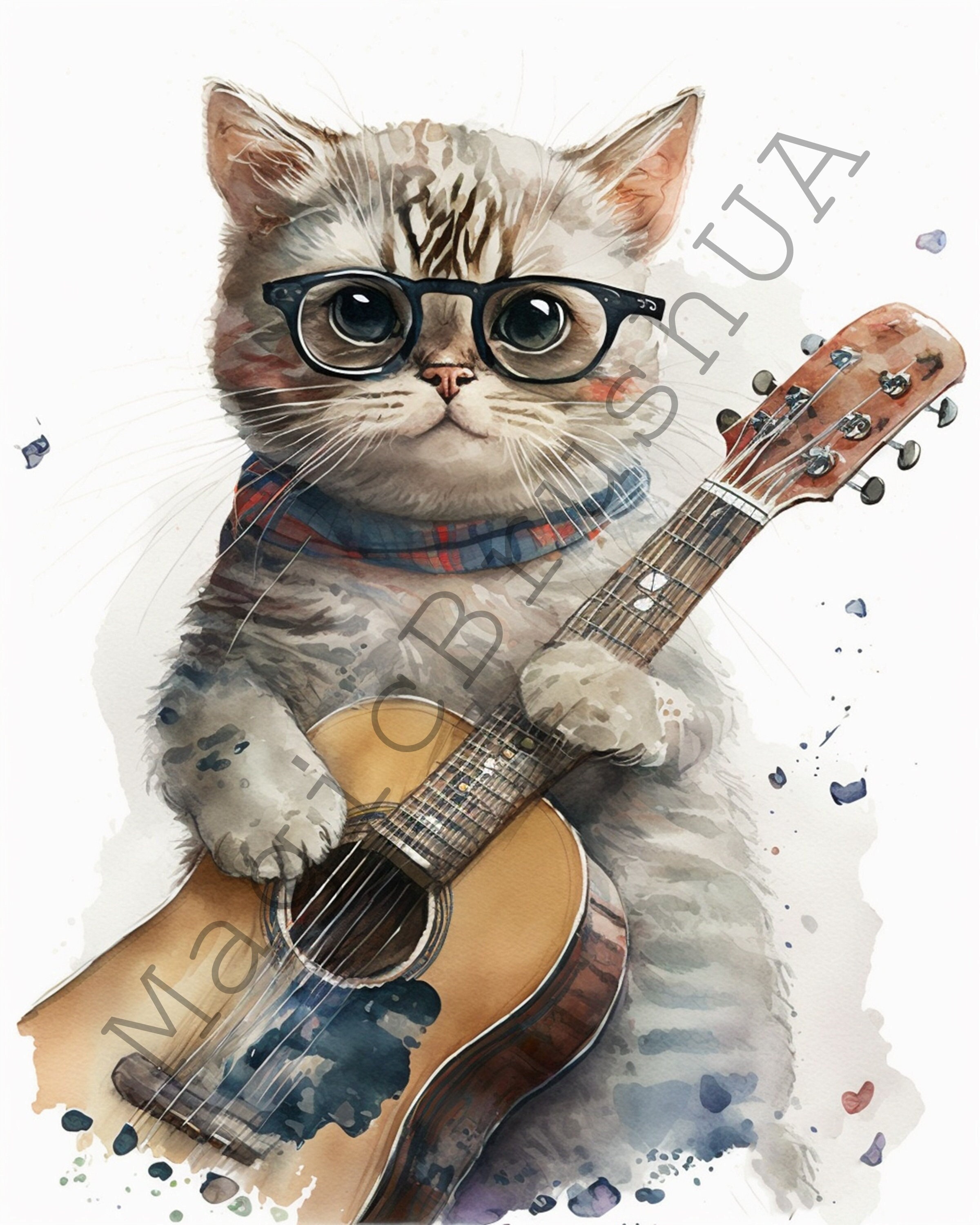 Cat Playing Guitar 11 Portraits set, Cat In Glasses Clipart, Commercial Use, Digital download, Watercolor Cat Playing Guitar, Funny Art