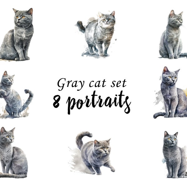 Gray Cat Portraits set, Gray Cat Clipart, Commercial Use, Digital download, SVG stickers, Watercolor portrait, Gray Cat Digital Print