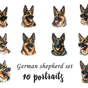 German Shepherd Portraits set, German Shepherd Clipart, GermanShepherd Bundle, Digital download, Commercial Use, SVG stickers, Watercolor