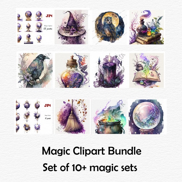 10+ Mega Magic Clipart Bundle, Magic Witch hat, Candle, Books, Sphere, Owl, Broom, Mirror, Cauldron, Crows, Crystal ball