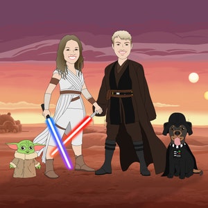Family Fun Gift, Star art, Wars Cartoon, Cartoon family portrait, Digital illustration, Custom Cartoon Portrait