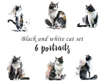 Black and White Cat Portraits set, Black and White Cat Clipart, Commercial Use, Digital download, Stickers, Watercolor portrait, Tuxedo Cat