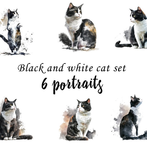 Black and White Cat Portraits set, Black and White Cat Clipart, Commercial Use, Digital download, Stickers, Watercolor portrait, Tuxedo Cat