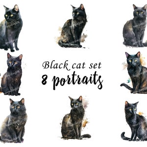 黒猫の肖像画セット、黒猫のクリップアート、商用利用、デジタルダウンロード、SVG ステッカー、水彩画の肖像画、黒猫のデジタルプリント
