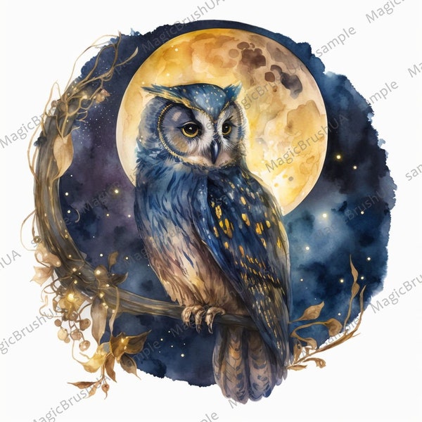 Magic Blue Owl, 10 Portraits set, Moon Night Blue Owl Clipart, Commercial Use, Digital download, Stickers, Watercolor portrait