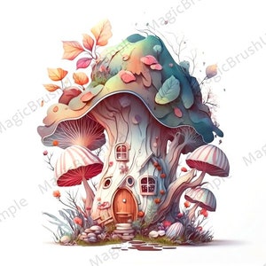 Imágenes prediseñadas de la casa de hongos de hadas, 18 ilustraciones digitales imprimibles, casa de hongos mágicos, vivero de hadas de arte de pared