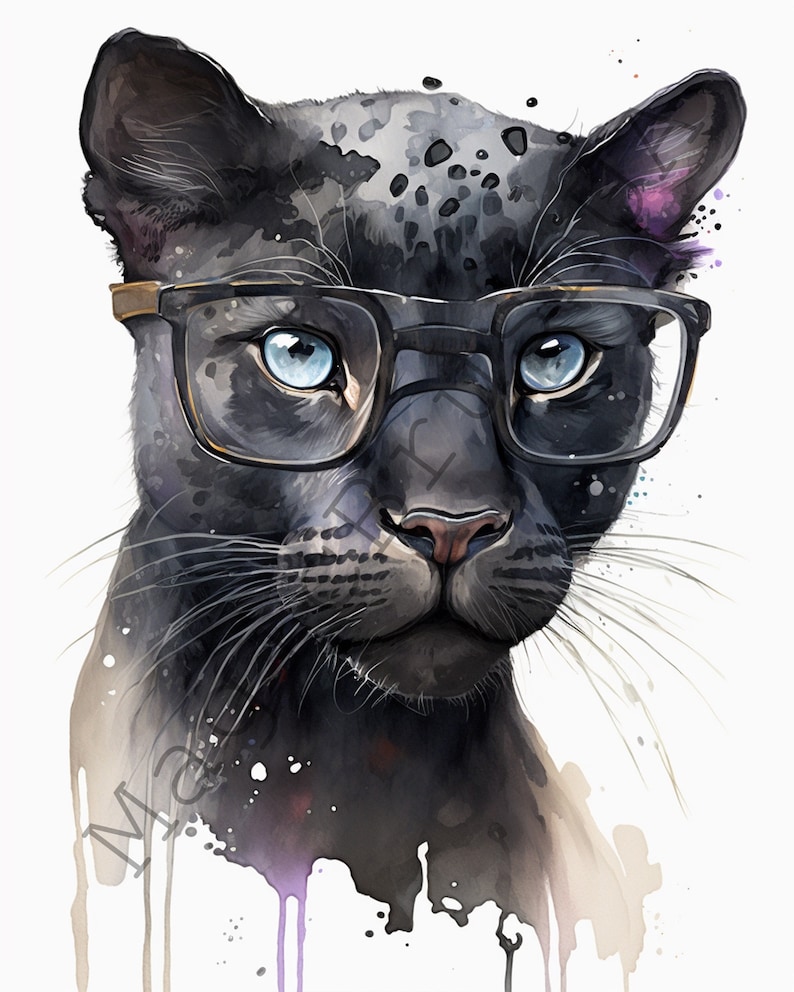 Black Panther In Glasses 13 Portraits set, Black Panther In Glasses Clipart, Commercial Use, Digital download, Watercolor Panther In Glasses image 2