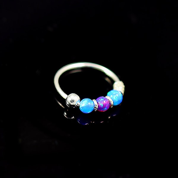 Blue & Purple Opal Beaded Nose Ring- Thin Nose Ring- Sterling Silver Nose Ring- 22 Gauge Nose Ring